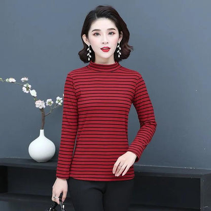 Spring and Autumn Long Sleeve T-Shirt Slim Striped Top Casual Half Turtleneck Bottoming Shirt
