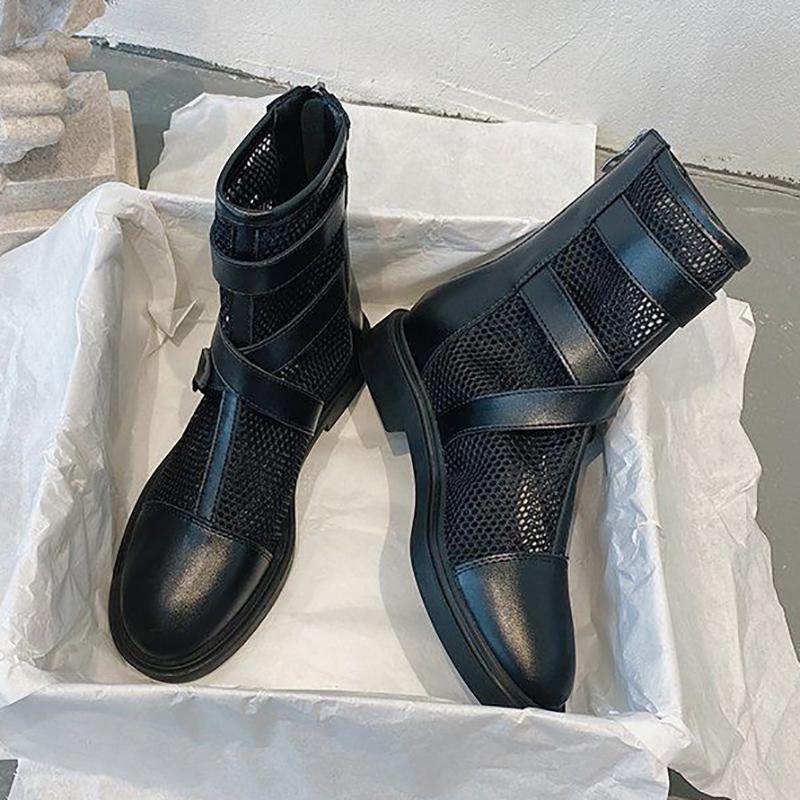 Women's Soft Leather and Mesh Martin Boots Summer Sandals All-match Back Zipper Flat Ankle Boots