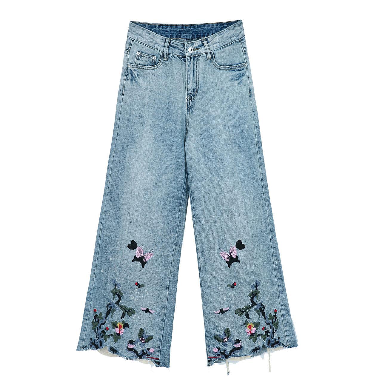 Large Size Embroidered Flared Pants Women's Spring and Autumn Thin Section High Waist Fashion Ethnic Style Loose and Thin Nine Points Wide Leg Jeans