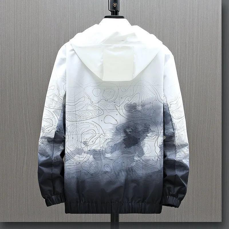 Large Size Ink Pattern Jacket Casual Hooded Windbreaker Spring Waterproof Coat Comfortable Top Regular Men
