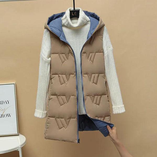 Women's Autumn and Winter Solid Color Loose Vest Hooded Long Reversible Vest Jacket Cotton Padded Windproof Warm Vest