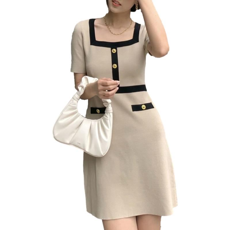 Female Vintage Knitted Short Sleeve Party Dress Slim Elegant Square High Waist Button Holiday Dress
