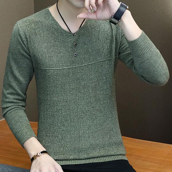 V-neck Button Men's Sweater Slim Fashion Solid Color Men's Thin Knit All-match Jacket Long Sleeve Top