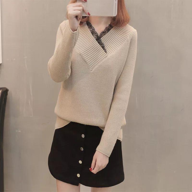Autumn and Winter Lace V-neck Top Thickened Long-sleeved Knitted Sweater Loose and Versatile Women's Bottoming Shirt