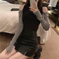 Pofulove Panelled Contrast Off-the-shoulder Long Sleeves Bottoming Sweater Slim All-match