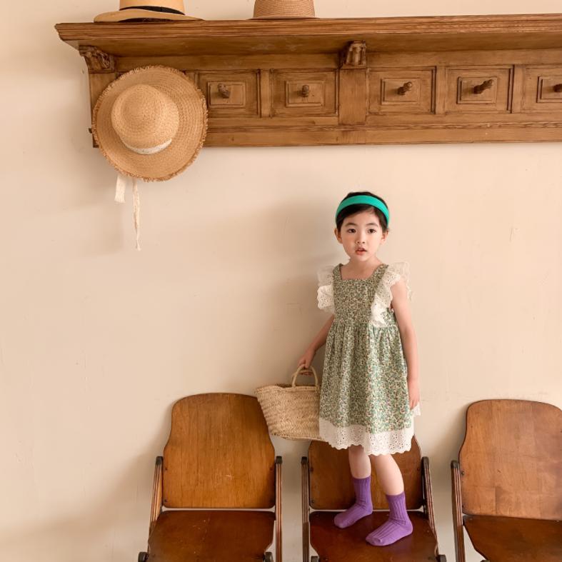 Spring and Summer Girl's Printing Lovely Skirt Baby Lace Shoulder Skirt Children's Dress Idyllic Style
