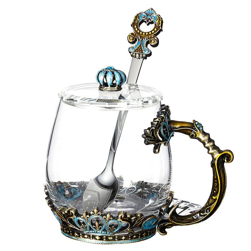 Retro Enamel Color Water Cup Flower Teacup Personality Trend Glass Female Teacup Creative Home Coffee Cup with Lid Spoon