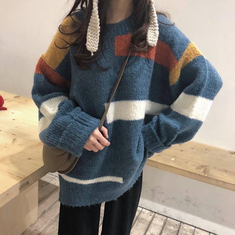 Pofulove Autumn Winter Harajuku Stitching Striped Mid-length Pullover Sweater Loose Sweater Coat