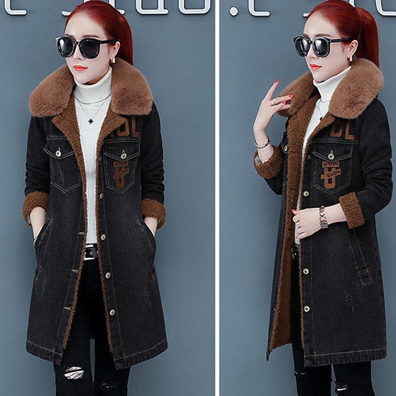 Autumn and Winter Denim Jacket Women Plus Velvet Thickening Slim Mid-length Denim Parka Coat Flocking Overcoat with Detachable Fur Collar
