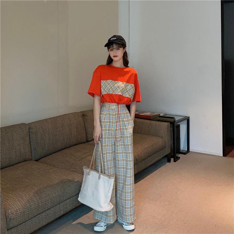 Two-piece Suit Women Summer Fashion All-match Short-sleeved T-shirt Loose Plaid Wide-leg Pants Casual  Comfortable