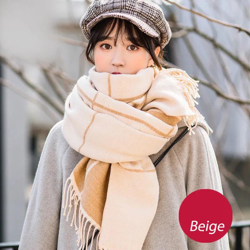 Winter Imitation Cashmere Scarf Korean Fashion Fringed Plaid Scarf Women's Dual-use Lengthened Thick Shawl Scarf