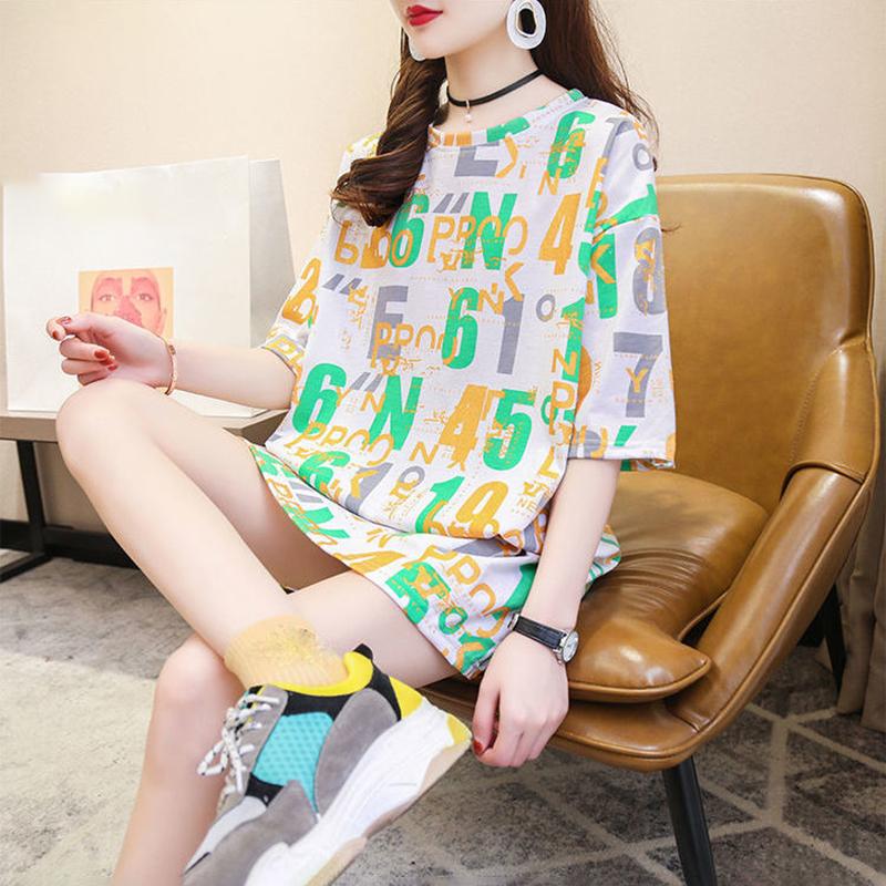 Short-sleeved T-shirt Female Design Sense Color Letters Loose Mid-length T-shirt Ladies Casual Loose Top Round Neck Short-sleeved T-shirt