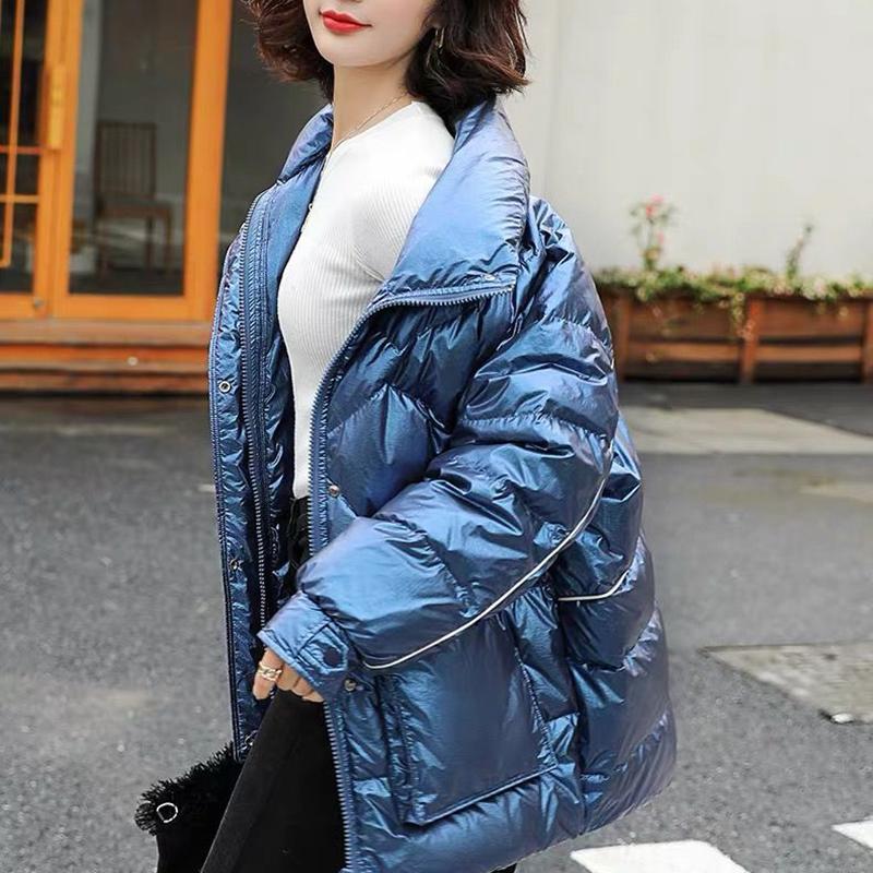 Women's Shiny Mid-length Down Jacket Winter Korean Style Loose Coat Warm Stand-collar Down Jacket