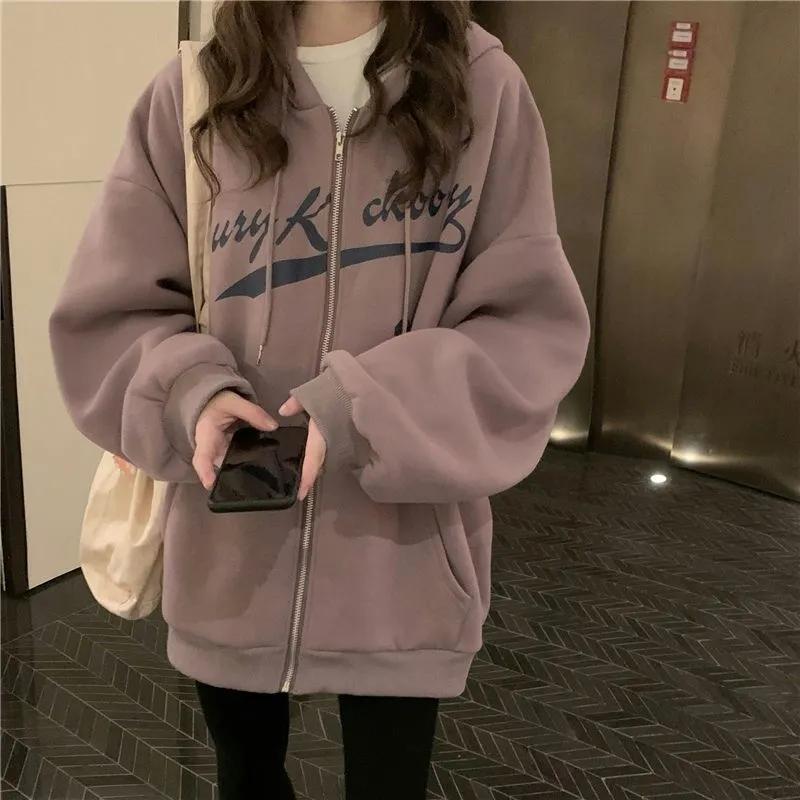 Fleece Thickened Hooded Sweater Women's Winter Loose Lazy Wind Zipper Cardigan Student Jacket Sports Casual Coat