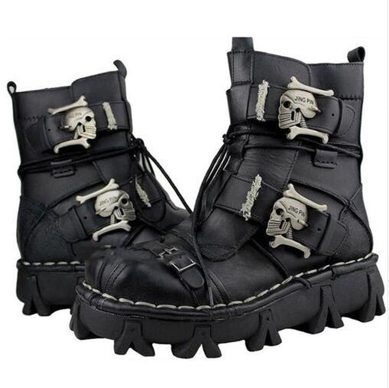 Men Genuine Leather Military Uniform Boots Gothic Skull Punk Martin Platform Mid-calf Boots
