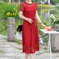 Women's Spring Summer Short-sleeved Dress Mesh Gauze Waist Thin Fake Two-piece Middle Skirt Pure Color Ladies Banquet Dress