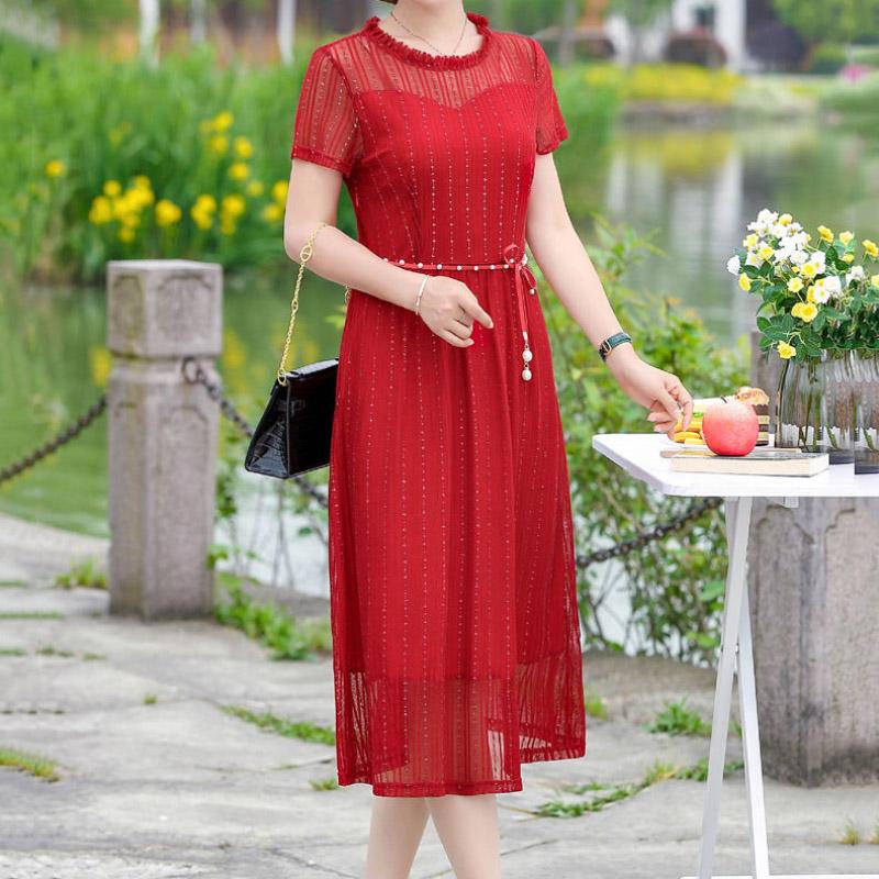 Women's Spring Summer Short-sleeved Dress Mesh Gauze Waist Thin Fake Two-piece Middle Skirt Pure Color Ladies Banquet Dress