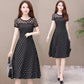 Large Size Women's Polka-dot Round Neck Short-sleeved Dress Female Self-cultivation Lace Temperament Mid-length Skirt A-line Skirt Waist Is Slim