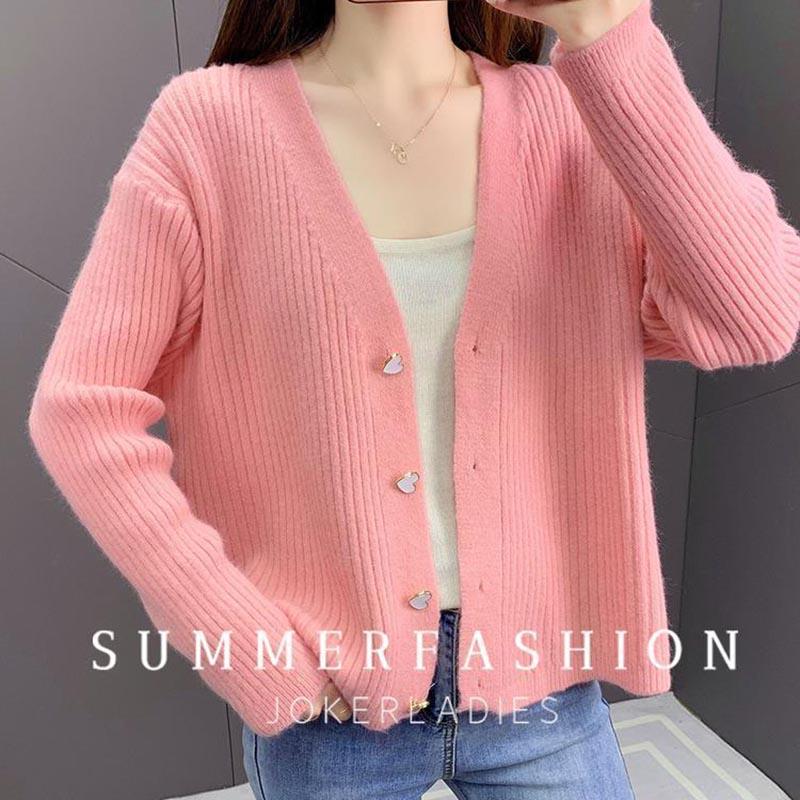 Sweater Women's Spring and Autumn V-neck Jacket Solid Color Versatile Button Top Knitted Cardigan