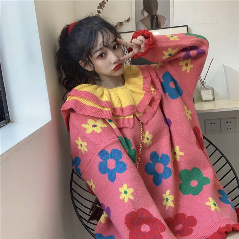 Long Section Ruffles O-neck Sweater Women Sweet Knitted Loose Flower Girly Pullover Dress
