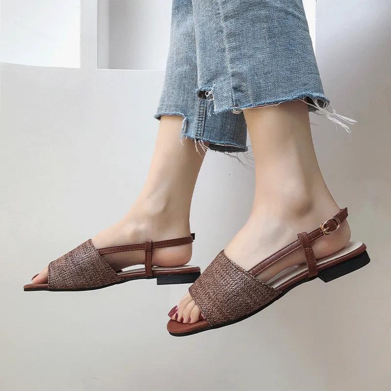 Flat Sandals Women's Summer Korean Fashion Straw Braided Buckle Open Toe Sandals All-match Student Sandals