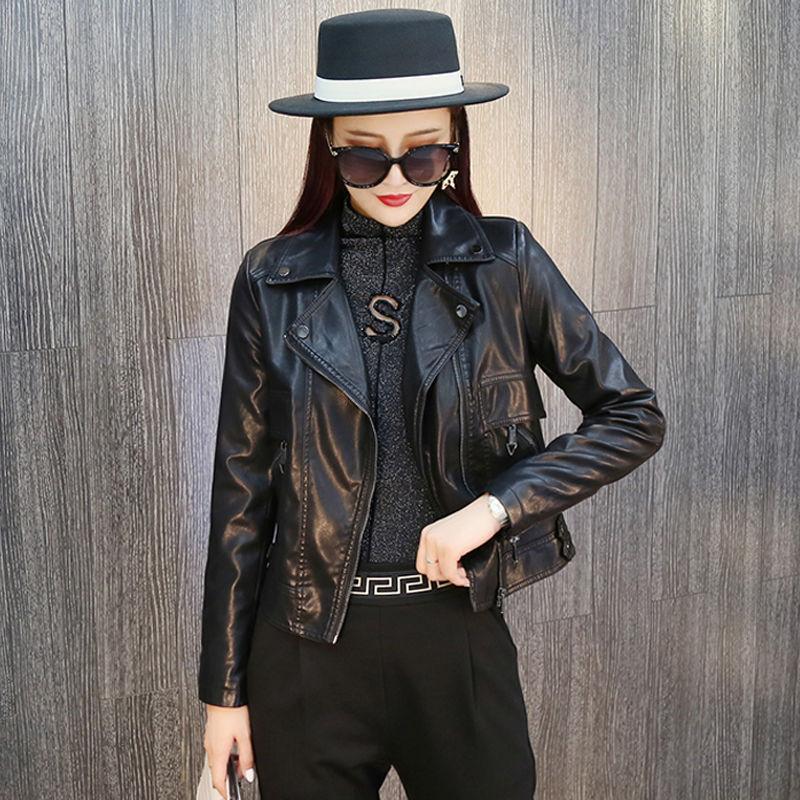 Short Women's Leather Jacket Autumn and Winter Large Size Washed Ladies Pu Leather Jacket Motorcycle Leather Jacket