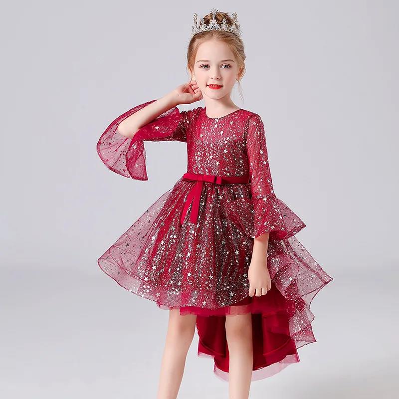 Children's Clothing Female Trumpet Sleeve Flower Girl Skirt Long Tail Red Princess Children's Dress Performance Costume