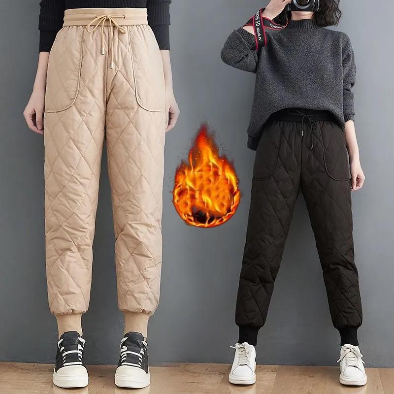 Down Cotton Trousers for Winter Wear High Waist Plus Velvet Thick Straight Leggings Warm Casual Cotton Trousers