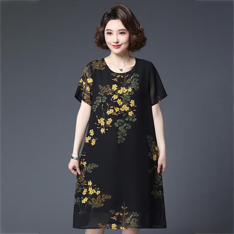 XL-XXXXXL Women's summer dress Chiffon Veil Short sleeve Round neck printing Daily wear