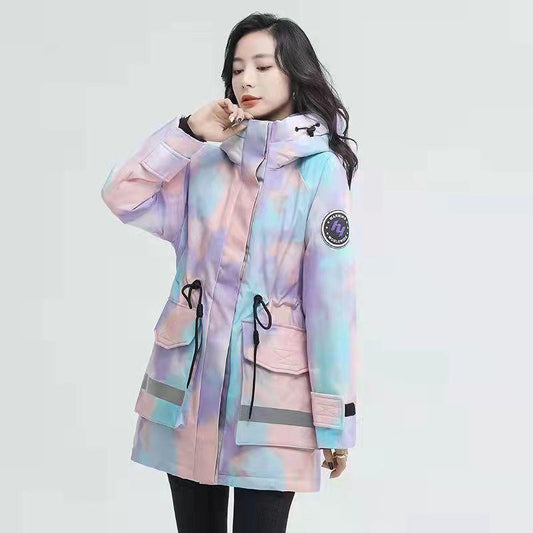 Parker Down Jacket Women's Winter Mid-length Thick Contrast White Goose Down Cotton Workwear Jacket Travel Windbreaker Thick Jacket