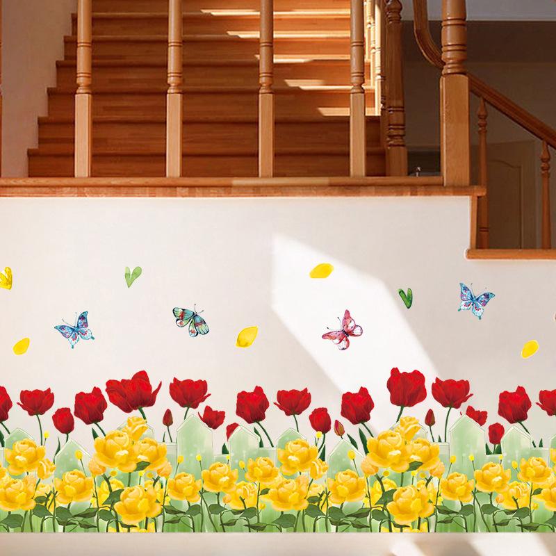 Watercolor Rose Flower Baseboard Wall Sticker Bedroom Living Room TV Sofa Background Decoration