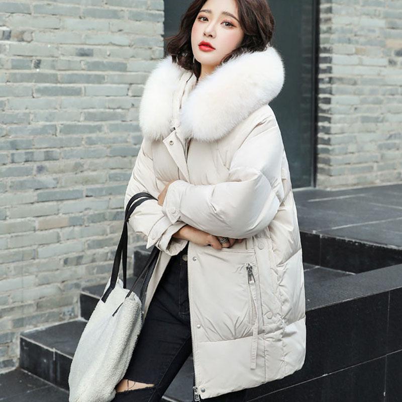 Down Jacket Women's Mid-length White Duck Down and Real Fur Collar Warm Winter Fashion Korean Style Slim Coat