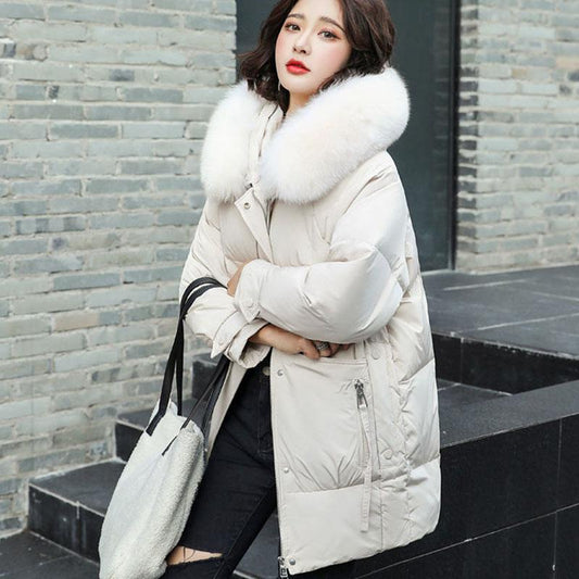 Down Jacket Women's Mid-length White Duck Down and Real Fur Collar Warm Winter Fashion Korean Style Slim Coat