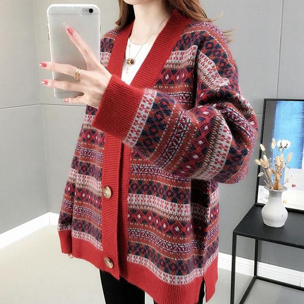 Autumn Winter Vintage Printed Cardigan Sweater Korean Knitwear Casual Loose V-neck Knitted Cardigan Coat tops