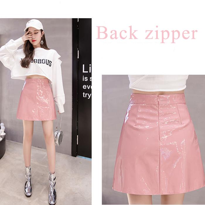 Women's Sexy Leather Skirt Glossy PU leather short Solid zipper Mini Skirt Mid Waist A-line Pencil Skirts