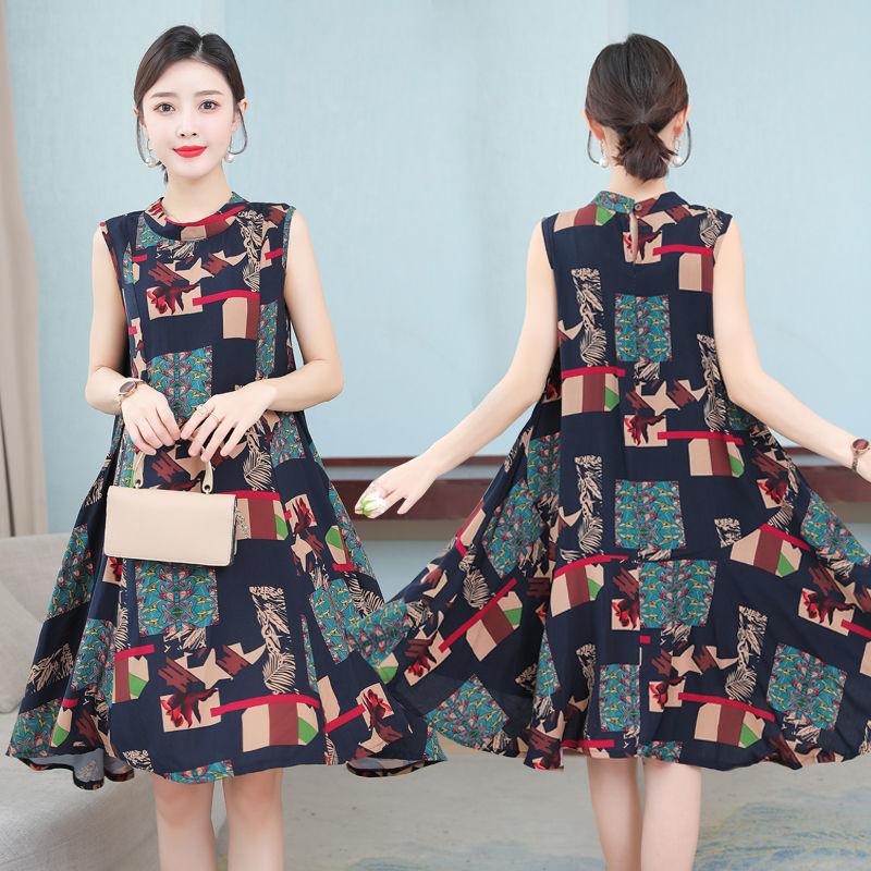 Women Cotton Silk Dress Summer Mother Sleeveless Mid-length Loose Large Home Night Skirt Beach Skirt