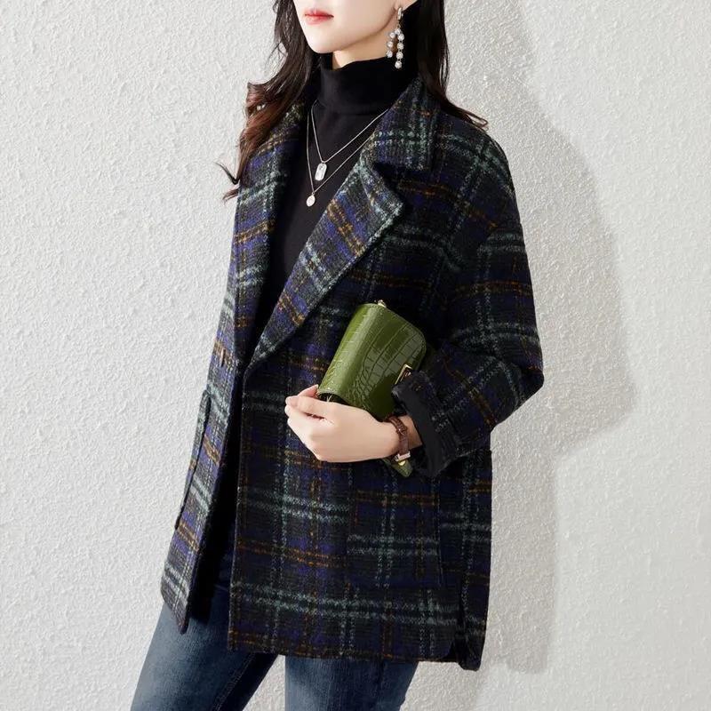 Woolen Plaid Coat Women's Mid-length Spring Loose Suit Coat