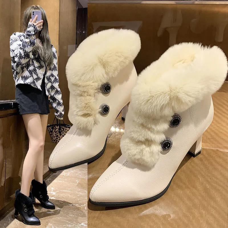Winter Plush Velvet High-heeled Cotton Boots Thick-heeled Korean Women's Boots with Rhinestone Heel Buckle Shoes