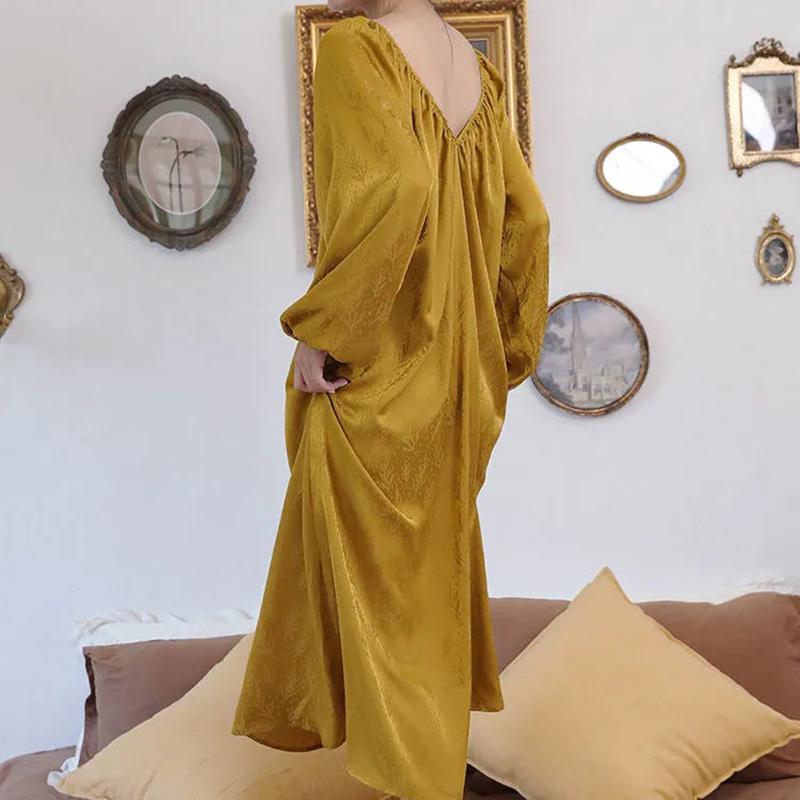 Women's Autumn Nightdress Ice Silk Backless Comfortable High Quality Pajamas Sexy Deep V Homewear Out Wear Loose Solid Color Printing Nightdress