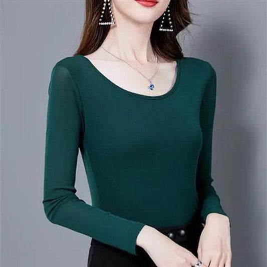 Women's Spring and Autumn Thin Bottoming Shirt Round Neck Solid Color Long Sleeve T-shirt