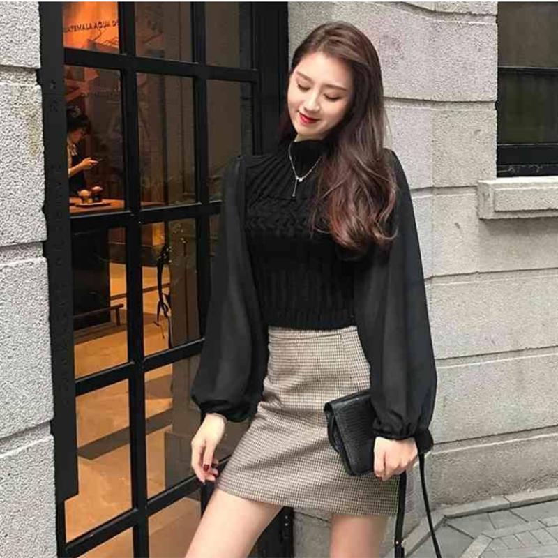 Pofulove Temperament Half Turtleneck Short Sweater Chiffon Lantern Long Sleeve Paneled Sweater