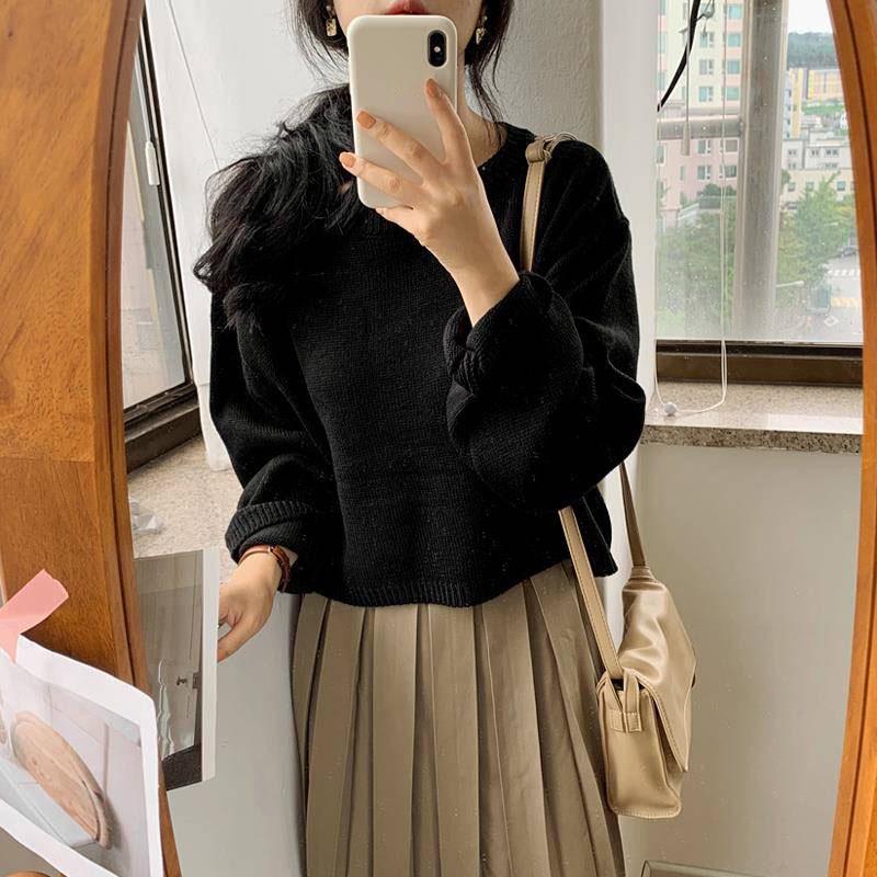 Pofulove Autumn Winter Wild Long-sleeved Pullover Sweaters Female Students Short Loose Base Coat