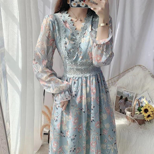 Spring and Autumn Women's Long-sleeved Lace Edge Floral Chiffon Dress Waist Slim Temperament Long Skirt French Retro Long Skirt