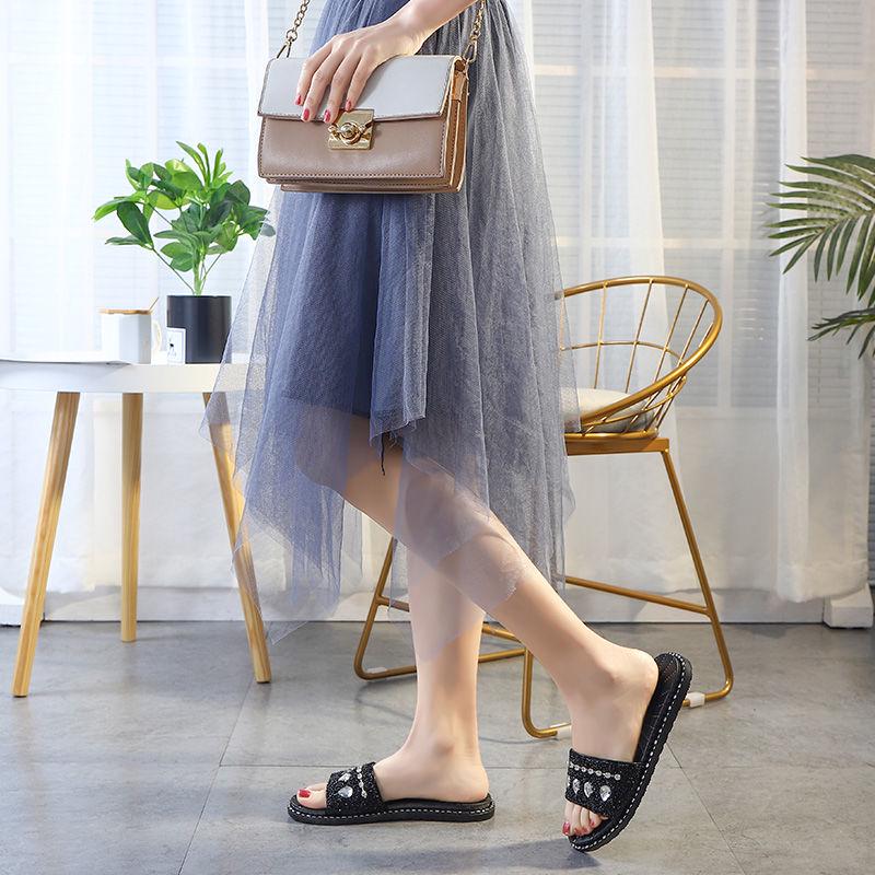 2020 Slippers Female Summer Korean Version Wild Fashion Cool Water Drop Flash Diamond Flat Bottom Non-slip Word with Sandals