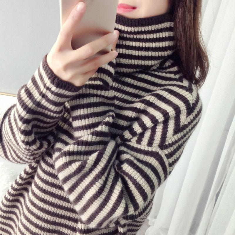 Autumn and Winter High-neck Casual Sweater Striped Pattern Loose Padded Bottoming Shirt Fashion All-match Female Top