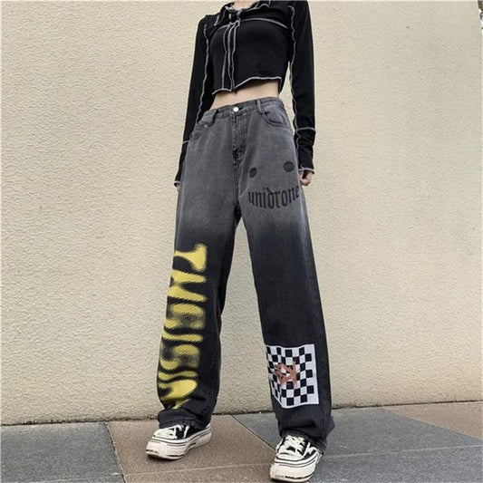 Trend Wild Graded Jeans Female INS High Waist Slim Casual Loose Straight Wide Leg Pants Trousers