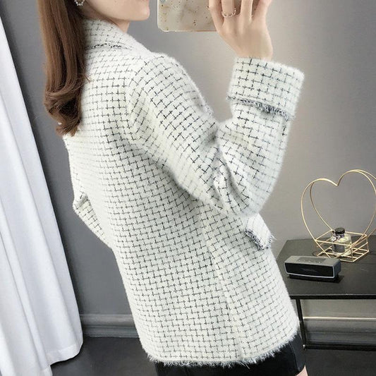 Women's Autumn and Winter Jacket Loose Long Sleeves Small Fragrance Knit Cardigan Lapel Fashion Sweater