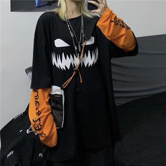 Dark Gothic Funny Pumpkin Fake Two Loose Long Sleeve T-shirts Modern Fashion Long Sleeve Clothing