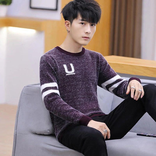 U-shaped Character Men's Pullover Low-neck Casual Autumn and Winter Jacket Long-sleeved Striped All-match Top