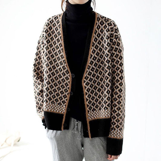 Autumn European and American Style Jacket Short V-neck Knitted Top Cardigan Loose Women Sweater